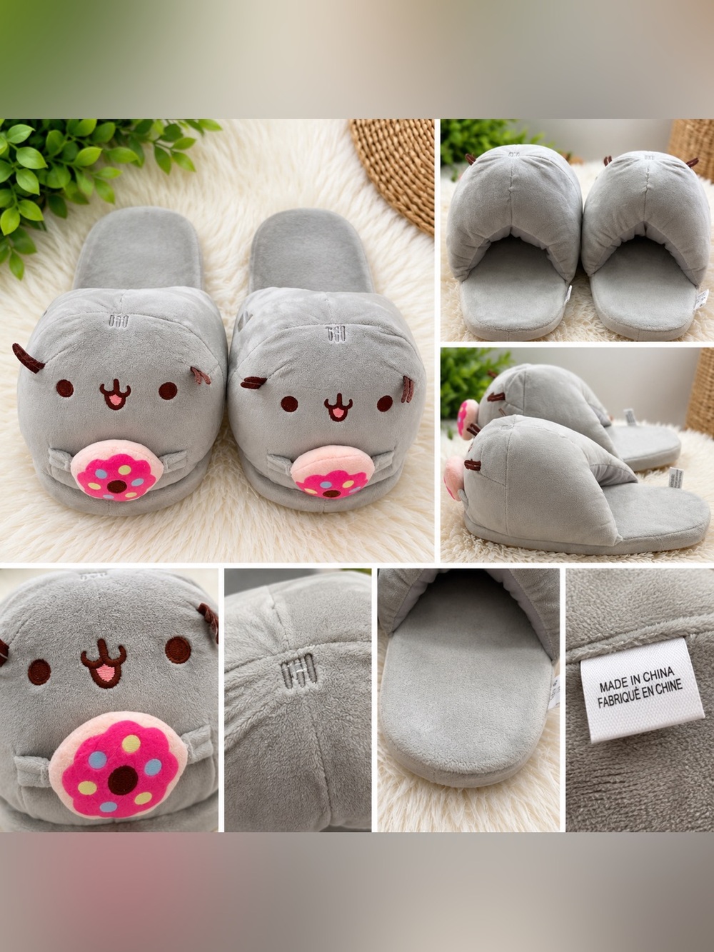 Plush Gray Kids Slippers with Pink Donut Accent